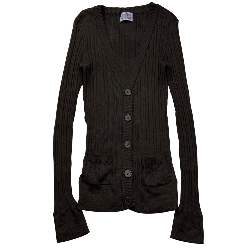 VTG Y2K Fitted Brown Ribbed Knit V-Neck Button Front Cardigan Sweater Size M